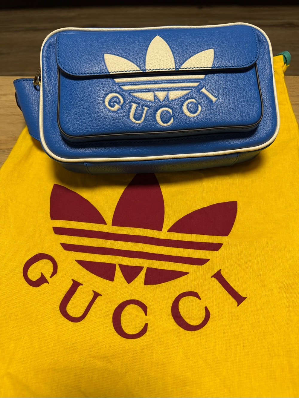 Gucci x Adidas collab Blue Leather Belt Bag with White Logo Trim